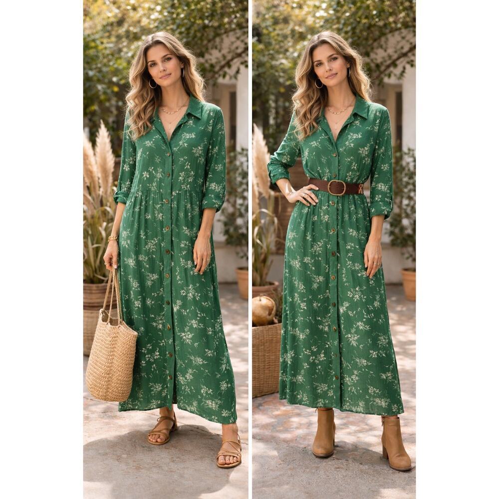 Free people green sheer button down shirt dress Boho Duster Size XS